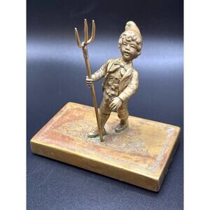 Vintage Brass or Bronze Boy Statue/Figurine With Trident/Fork on Base Unmarked